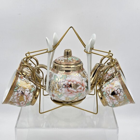 10 Piece Gift Pink Peonies Gold Accent Mini Tea Pot Set 4 Cup Spoon Metal Holder - Picture 1 of 12